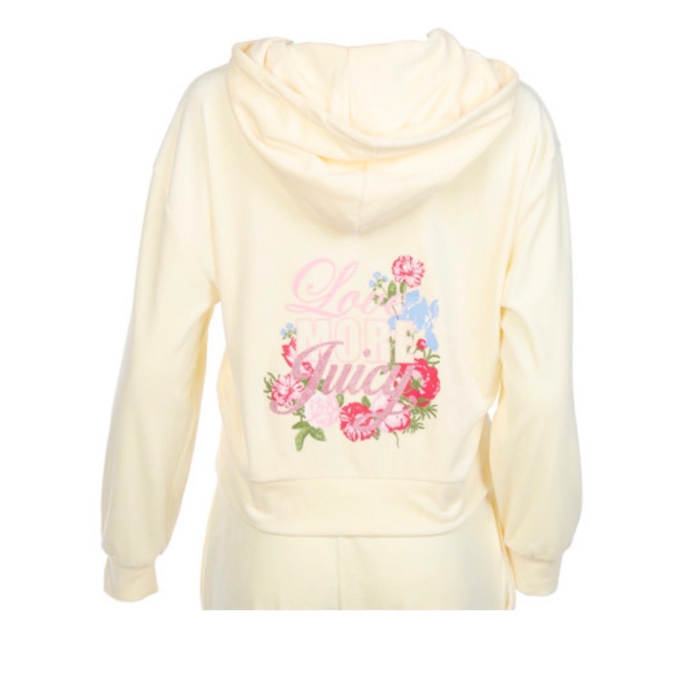 Juicy Couture Velour Zip Up Hoodie Butter Yellow Love More Juicy Floral Graphic